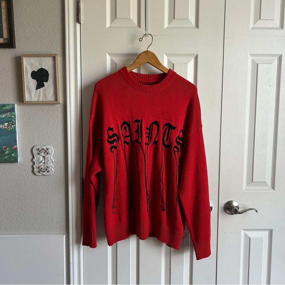 Fashion Nova red knit pullover saints sweater